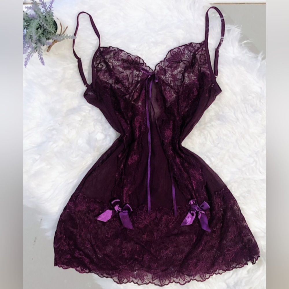Purple Lace Detailed Slip Dress with Bow Accents - Picture 1 of 1